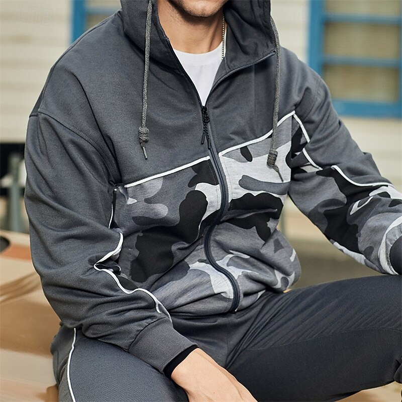 Men's Tracksuit Sweatpants Zip Up Hoodie Pocket Camouflage Clothing Suit Fall Army Green Khaki Gym Workout Sports Windproof Long Sleeve Sport Activewear Micro-elastic Regular Fit3