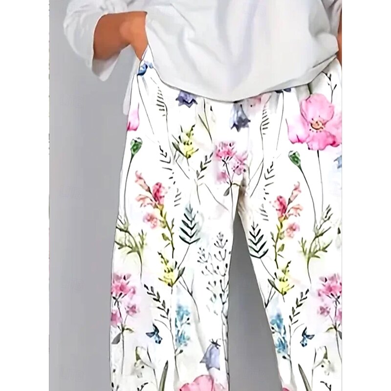 Women's Chinos Baggy Pants Vacation Vintage Ethnic Style Ankle-Length High Waist Floral Graphic Plants Drawstring Patchwork Printing Breathable Micro-elastic Vacation Casual Daily White Light Green2