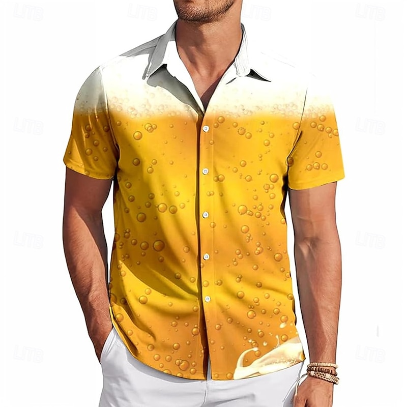 Men's Optical Illusion Oktoberfest Beer Shirt Summer Shirt Button Up Shirt Short Sleeve Hawaiian Outdoor Holiday Summer Spring Turndown 3D Print Collared Shirts Black Yellow Orange