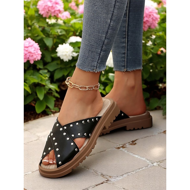 Women's Studded Crisscross Slip-On Slides, Cushioned Open-Toe Sandals for Festivals, Poolside Hangouts and Weekend Walks2