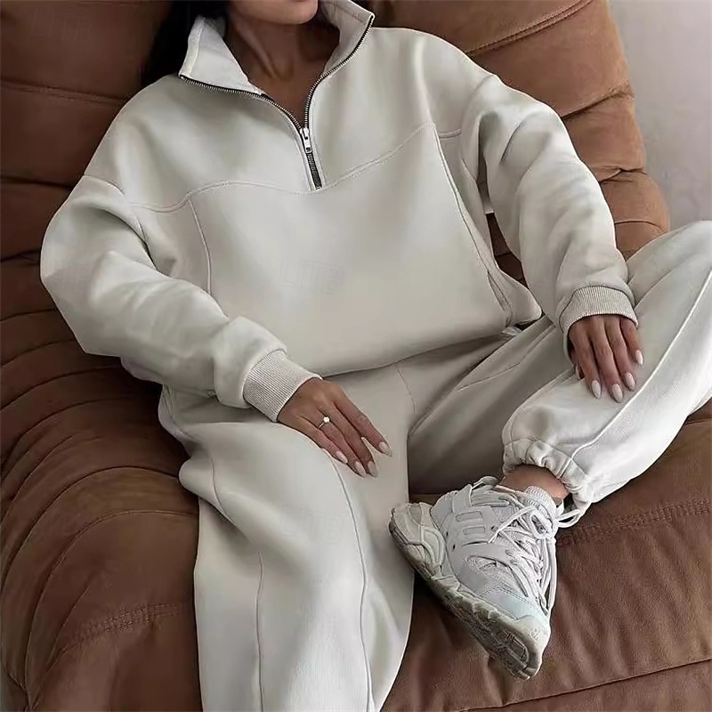 Women's Tracksuit Sweatpants Pullover Sweatshirt Zipper Pocket Solid Colored Clothing Suit Fall Dark Navy Apricot Gym Workout Sports Windproof Long Sleeve Sport Activewear Micro-elastic Regular Fit