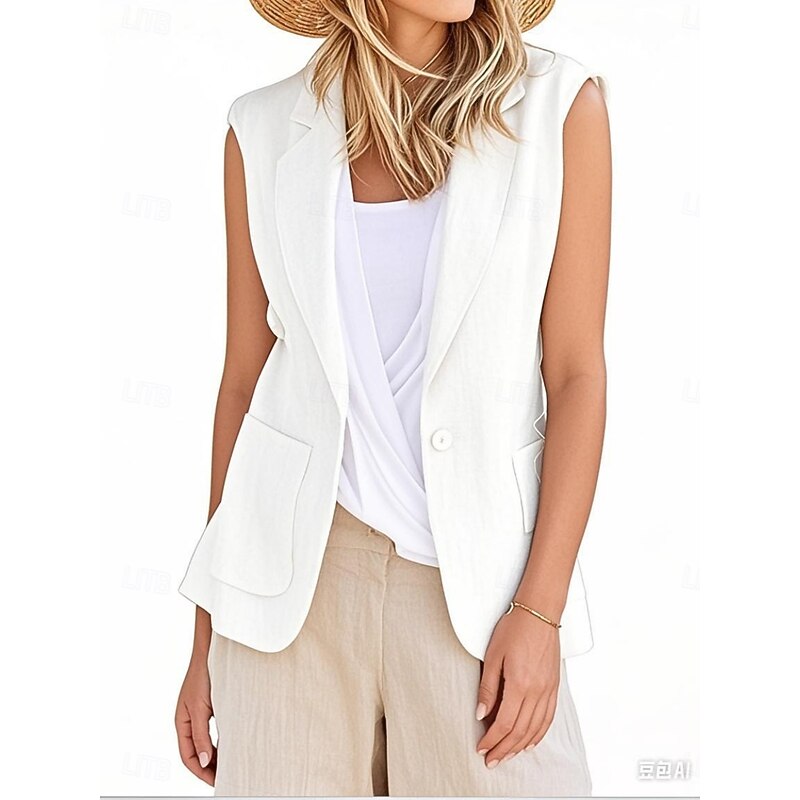 Women's Vest Blazer Comfortable Breathable Pocket Modern Casual Plain Office Street Casual Daily Wear Single Breasted Regular V Neck Regular Fit Sleeveless Outerwear Black White Yellow Summer Spring2