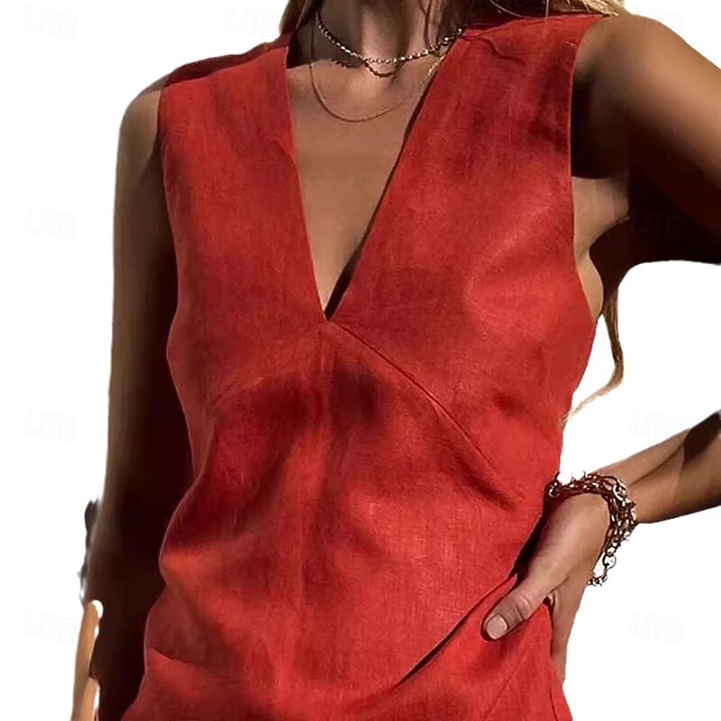 Women's 100% Cotton Mini Dress Shift Dress Casual Party Daily Holiday Regular Fit Plain Sleeveless V Neck Hemp Black White Red Summer3