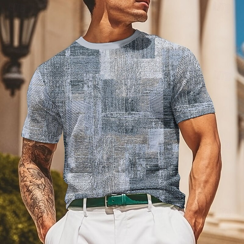 Men's Geometric Plaid Waffle Shirt Short Sleeve T shirt 3D Print Crew Neck Shirt Fashion Casual Comfortable Street Casual Daily Blue Brown Green Summer Spring Clothing Apparel S M L XL XXL XXXL2