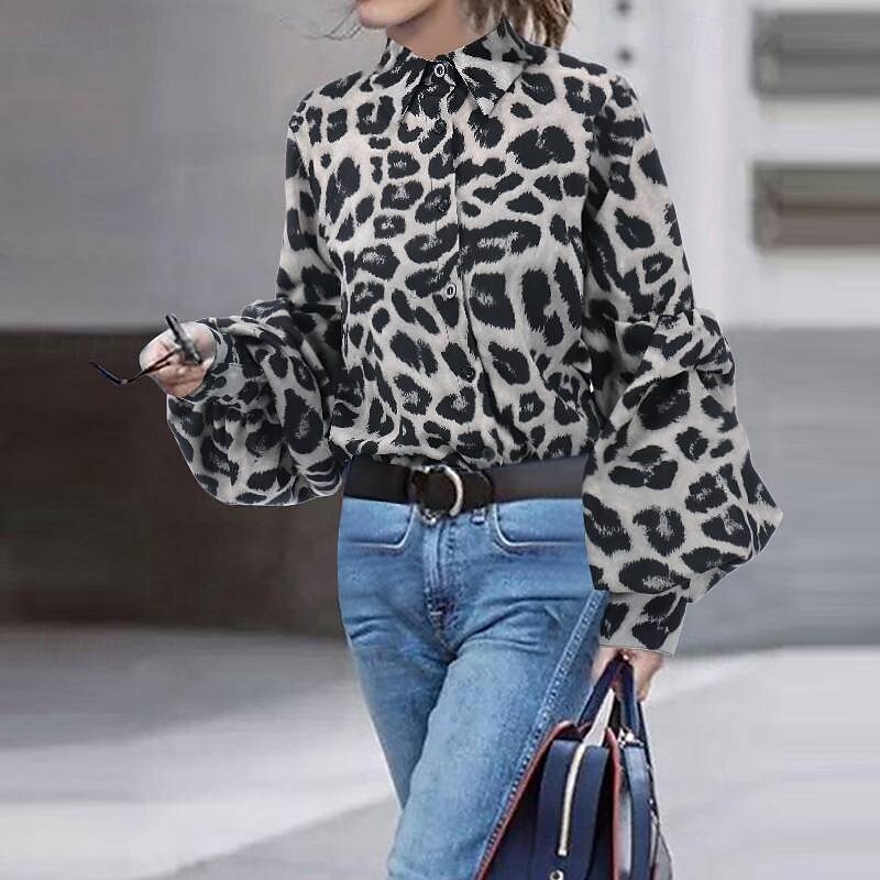 Women's Shirt Button Down Blouse Leopard Stylish Casual Long Sleeve Shirt Button Down Blouse Collar Regular Tops Daily Buttons Print Brown Gray Spring Fall3
