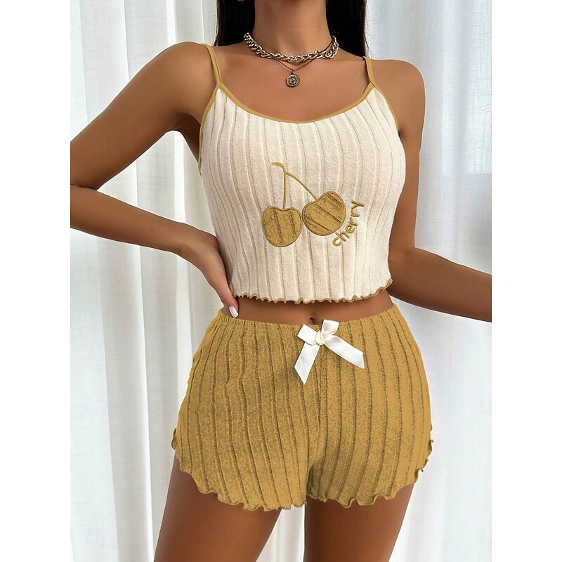 Women's Pajama Set Casual Comfort Cherry Elastic Waist Strap Top Shorts Home Daily Sleeveless Straps Yellow Pink Blue Purple Summer Regular Fit4