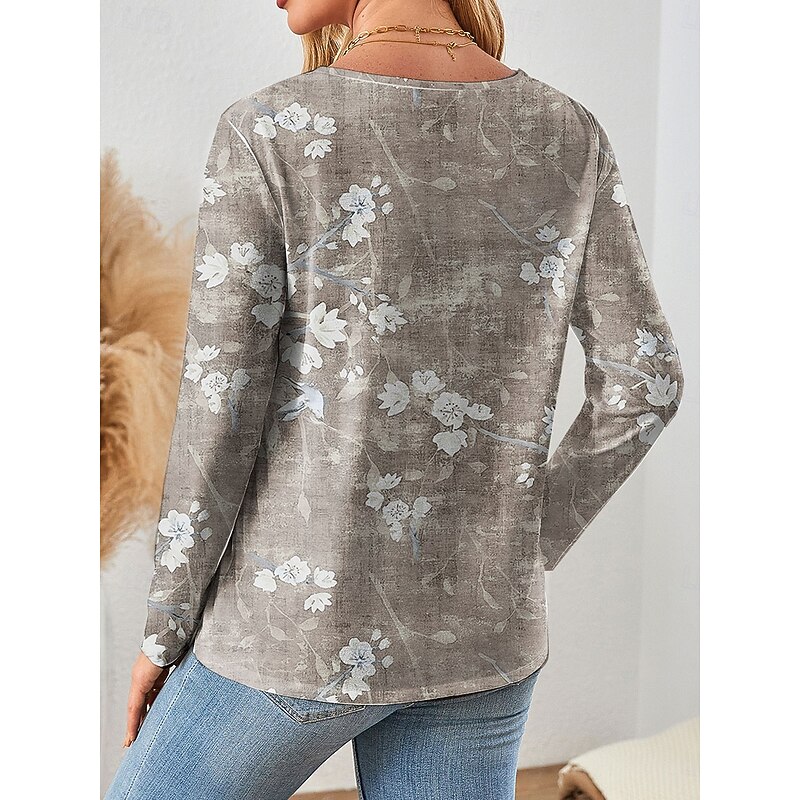 Women's T shirt Long Sleeve Casual Print Regular Tops Daily Blue Green Khaki Spring Fall Prefall2
