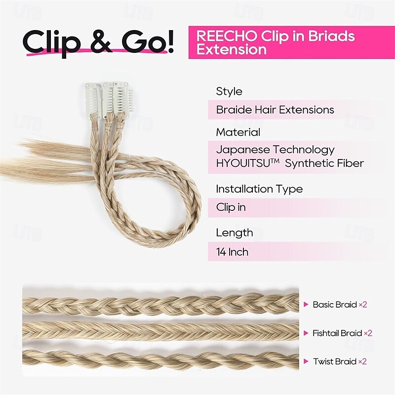 6PCS Clip in Braid Hair Extensions for Women 14 Inch Clip in Braids Synthetic Braided Hairpieces for Daily Costume Party Medium Blonde with Pale Highlights2