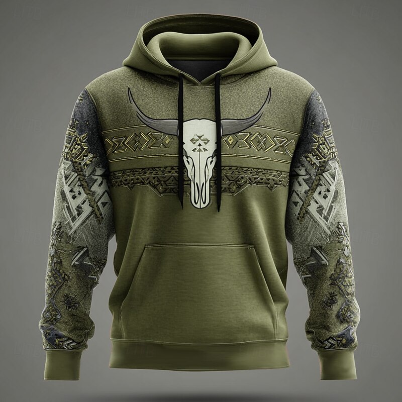 Men's Cowboy Hoodies Sweatshirt Ethnic Vintage Retro Long Sleeve Crew Neck Holiday Travel Streetwear Blue Brown Drawstring 3D Fall Winter Designer3