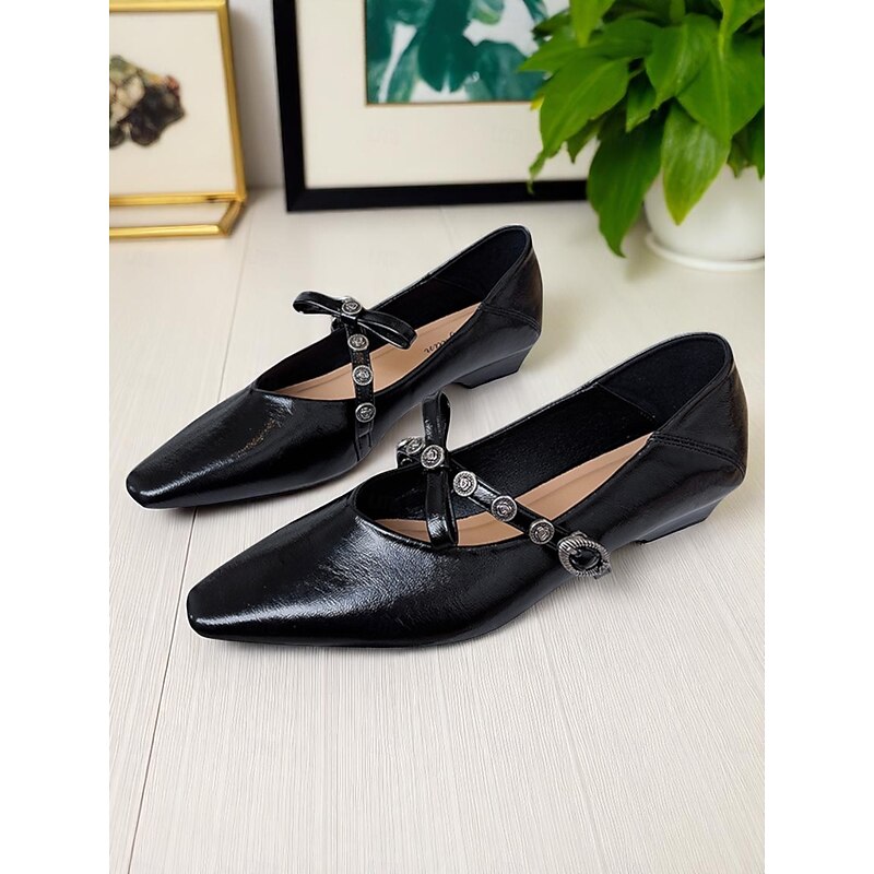 Women's Vintage Buckle Strap Low Heel Pumps, Pointed Toe Faux Leather Dress Shoes for Elegant Looks and Daily Dates