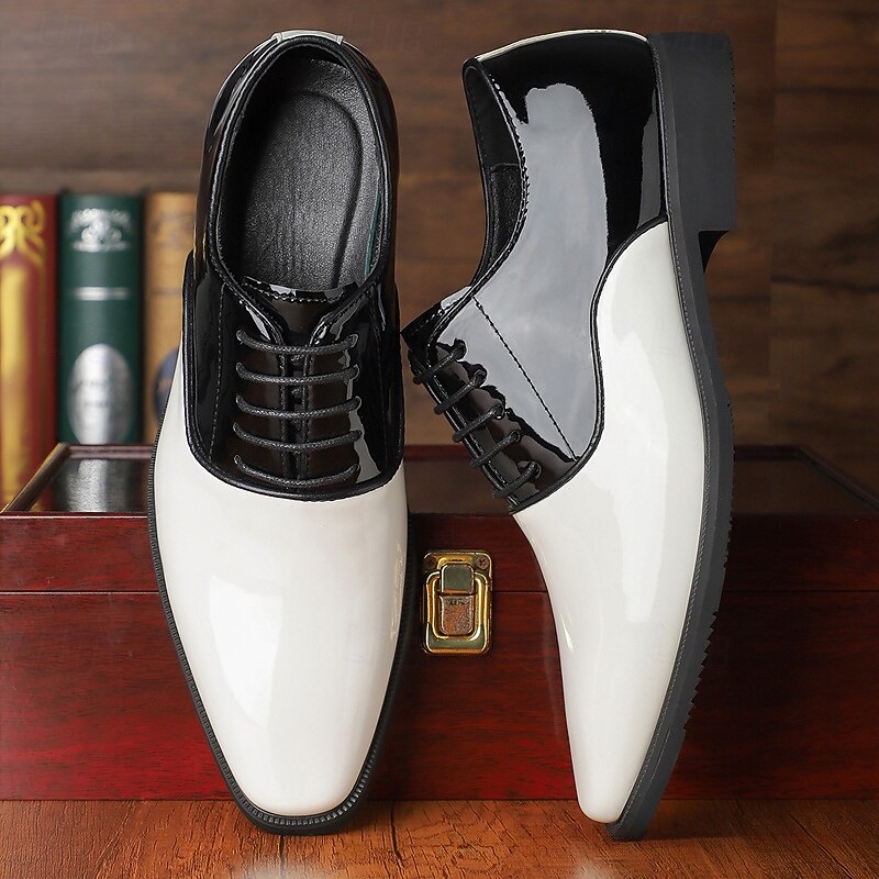 Men's Black and White Patent Leather Oxford Shoes – Classic Lace-Up Formal Shoes for Weddings, Galas & Evening Events3