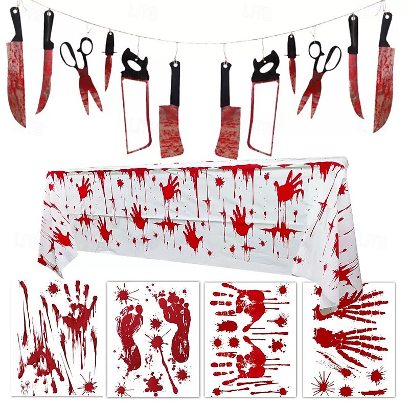 Halloween Blood Handprint Decoration Set Including Window Clings, Blood Knife Banner, and PVC Tablecloth, Perfect for Halloween, Haunted House, and Spooky Festival Decor