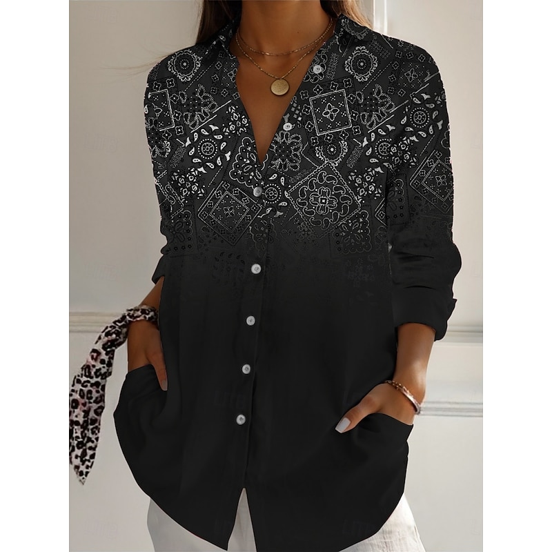 Women's Shirt Geometric Color Block Vintage Western Ethnic Long Sleeve Shirt Collar Regular Tops Daily Holiday Buttons Print Black Red Blue Brown Green Spring Fall3