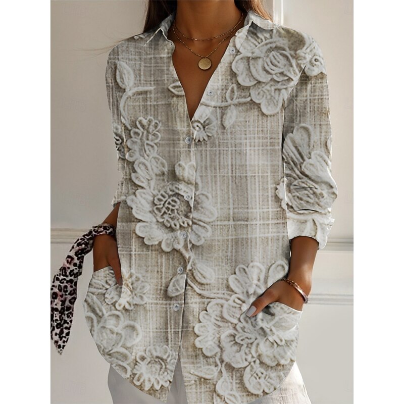 Women's Shirt Floral Active Daily Stylish Long Sleeve Shirt Collar Regular Tops Daily Holiday Buttons Print Apricot Spring Fall
