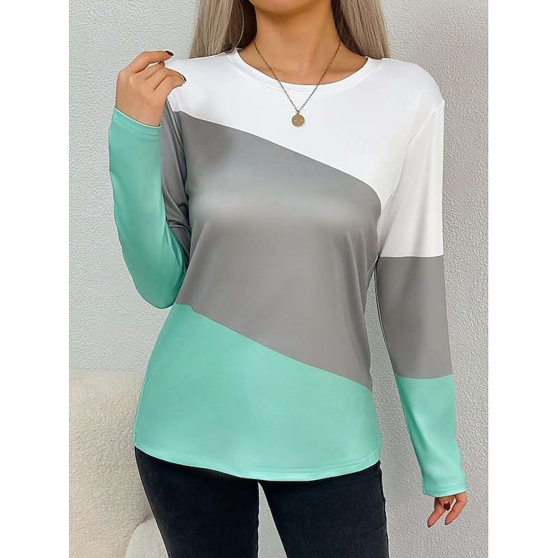 Women's T shirt Long Sleeve Crew Neck Long Sleeve Tunic Graphic Geometric Color Block Vintage Stylish Classic Round Neck Regular Tops Daily Print Green Fall Prefall