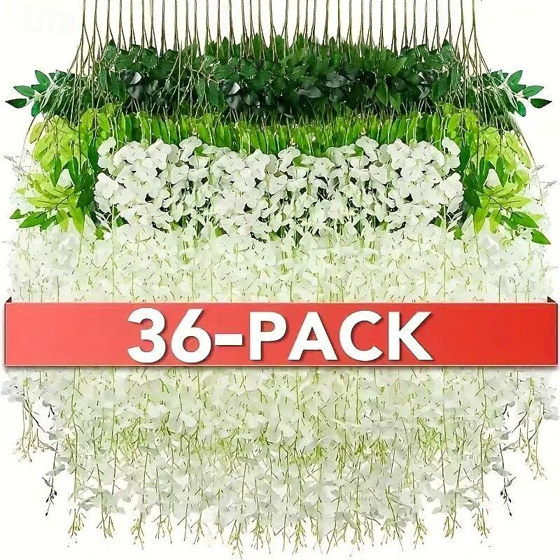 36 Pack Artificial Wisteria Flower Garland, White Hanging Faux Vine for Wedding, Party, Holiday Decorations and Home Garden Wall Decor, Maintenance-Free