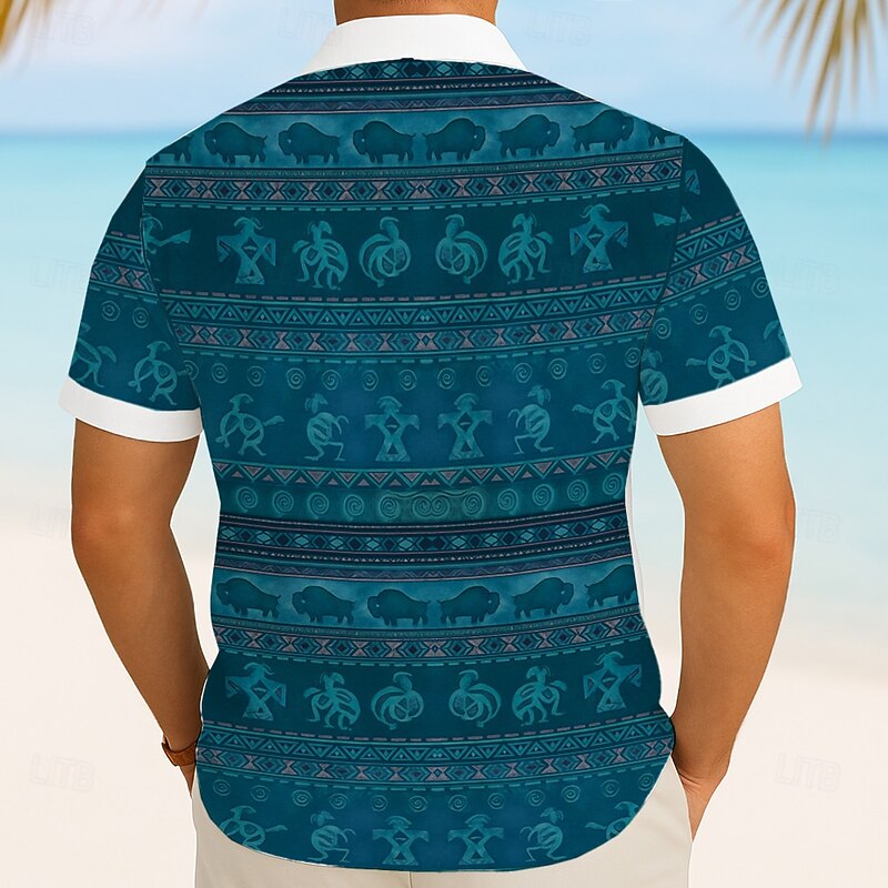 Men's Indian Ethnic Kokopelli Shirt Summer Shirt Button Up Shirt Short Sleeve Vintage Retro Outdoor Vacation Dailywear Summer Spring Turndown 3D Print Collared Shirts Front One Pocket Brown Green2