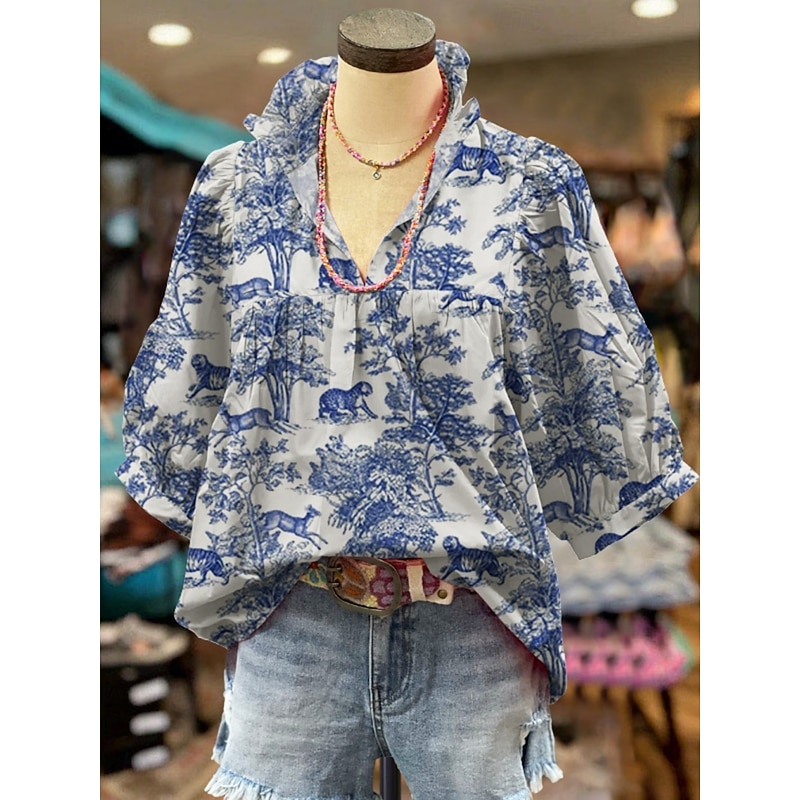 Women's Shirt Floral Paisley Stylish Modern Half Sleeve V Neck Regular Tops Daily Holiday Print Grass Green Red Royal Blue Blue Green Summer2