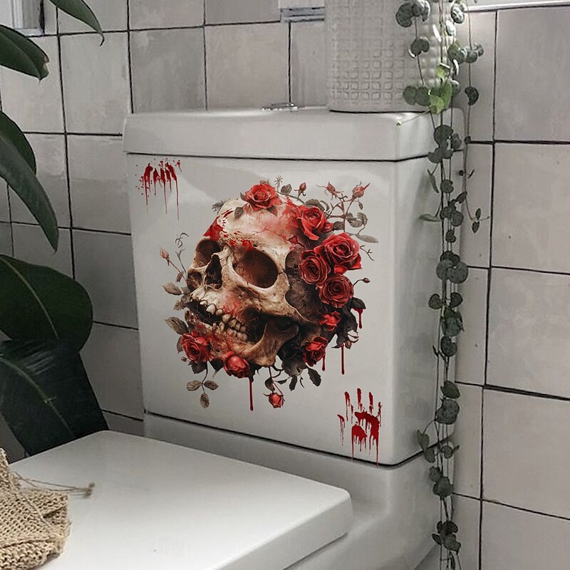 Halloween Toilet Seat Decal Sticker Rose Skull Design PVC Bathroom Toilet Lid Sticker, Self-Adhesive Halloween Wall and Toilet Decor3