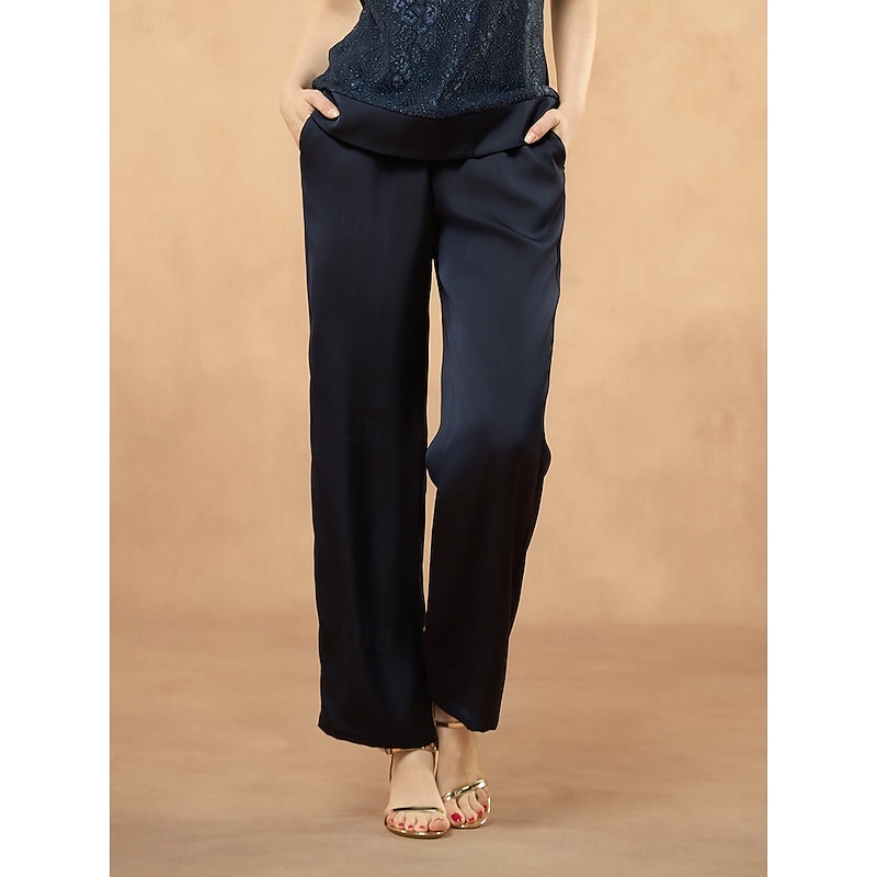 Women's Culottes Wide Leg Wide Leg Dress Pants Elegant Fashion Formal Full Length Mid Waist Solid Color Pocket Elastic Waist Micro-elastic Formal Wedding Business Navy Blue Spring, Fall, Winter