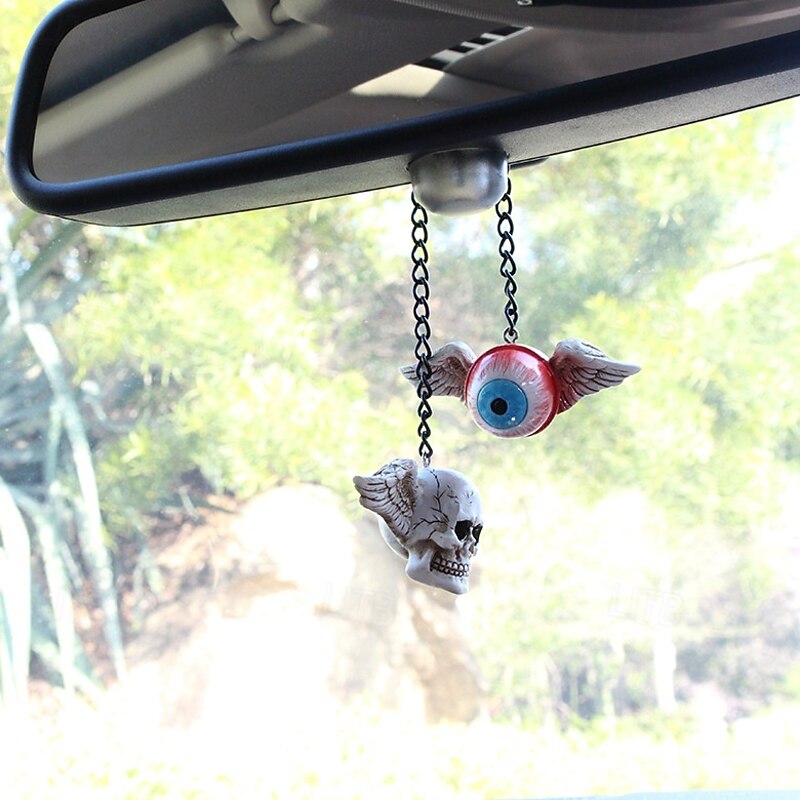 2pcs Halloween Car Hanging Decorations, Devil Wing Ghost Head with Evil Eyeballs, Spooky Auto Interior Ornaments for Halloween Atmosphere3