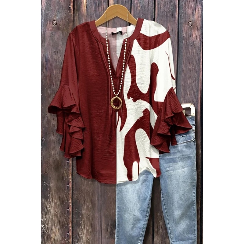 Women's Blouse V Neck Floral Graphic Geometric Bohemia Vintage Daily 3/4 Length Sleeve Flutter Sleeve Regular Tops Daily Holiday Vacation Wear Ruffle Print Black Pink Blue Orange Brown Summer Spring4