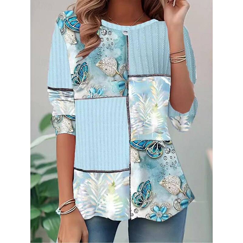 Women's T shirt Crew Neck Long Sleeve Tunic Floral Graphic Casual  Regular Tops Daily Print Pink Sky Blue Orange Fall