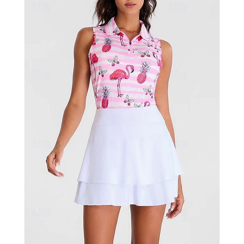 Women's Flamingos Sport Shirt Golf Polo Shirt Tennis Shirt Sleeveless Zipper High Elasticity Moisture Wicking Breathable Tennis Golf Pickleball Turndown Zip Collar Shirt Top Pink Tennis Clothing