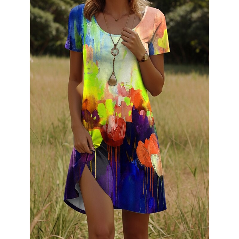Women's Mini Dress T Shirt Dress Tee Dress Sundress Vacation Casual Going out Regular Fit Floral Graphic Abstract Short Sleeve Crew Neck Red Blue Green Summer3