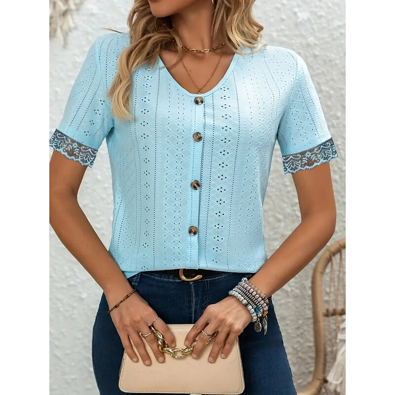 Women's Lace Shirt Solid Color Stylish Casual Beach Short Sleeve V Neck Regular Tops Daily Lace Patchwork Buttons White Sky Blue Summer3