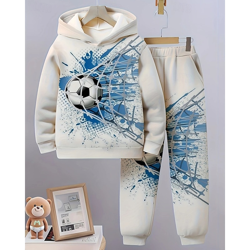Boys' 3D Football Hoodie & Sweatpants Set Sports Suit Tracksuits Long Sleeve Spring Fall Daily Basic Casual Kids 4-12 Years Hooded Outdoor Vacation Sports Tailored Fit