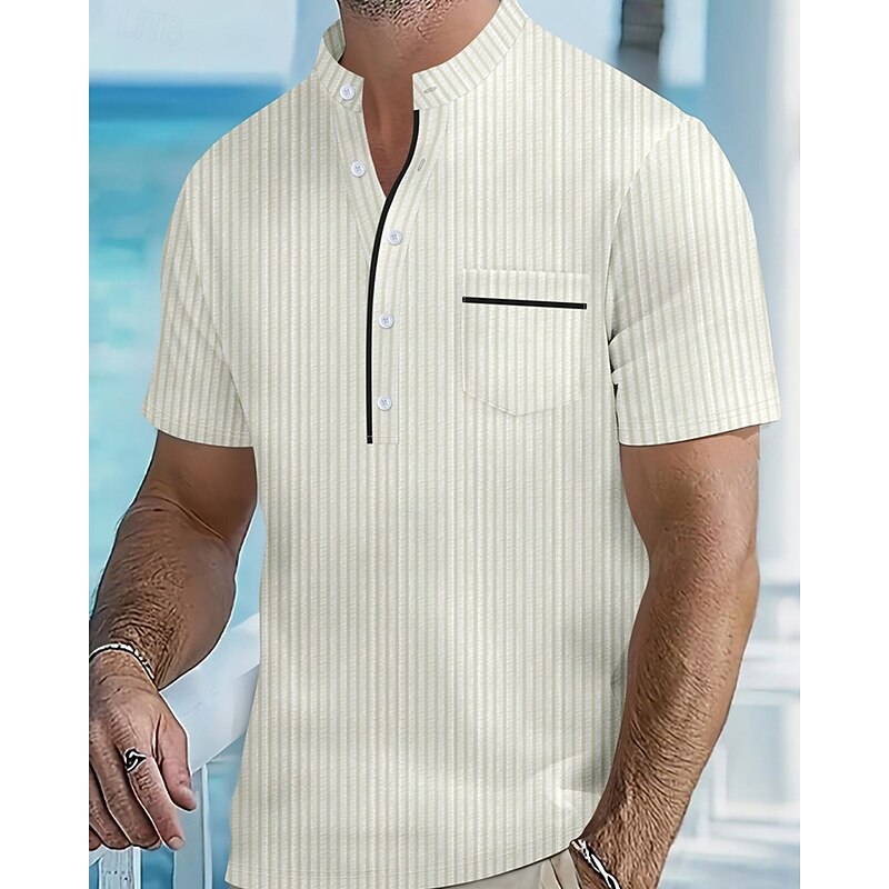 Men's Polo Shirts Golf Shirt Outdoor Daily Wear Banded Collar Short Sleeve Fashion Hawaiian Stripe Pocket Summer Regular Fit Black Blue Sky Blue Green Apricot Polo Shirts3