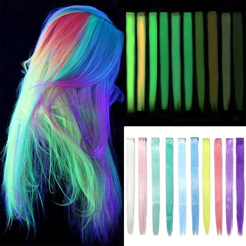 10 Pcs Glow In The Dark Hair Extensions Clip Ins Synthetic Clip In Hair Extensions Glow In The Dark Hair Extensions Glow In The Dark Hair Accessories For Women