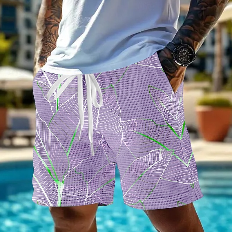 Men's Palm Leaf Tropical Plants Waffle Shorts Sweat Shorts Casual Shorts Mid Waist Fashion Casual Vacation Jogging Workout Elastic Drawstring Waist Shorts with Pockets Designer Clothing Apparel3
