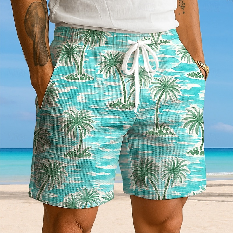 Men's Coconut Tree Tropical Plants Waffle Shorts Sweat Shorts Casual Shorts Mid Waist Hawaiian Vacation Jogging Workout Elastic Drawstring Waist Shorts with Pockets Designer Clothing Apparel