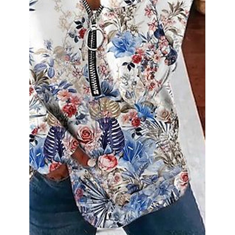 Women's Blouse Floral Daily Stylish Long Sleeve Crew Neck Regular Tops Daily Going out Print Quarter Zip White Spring Fall3