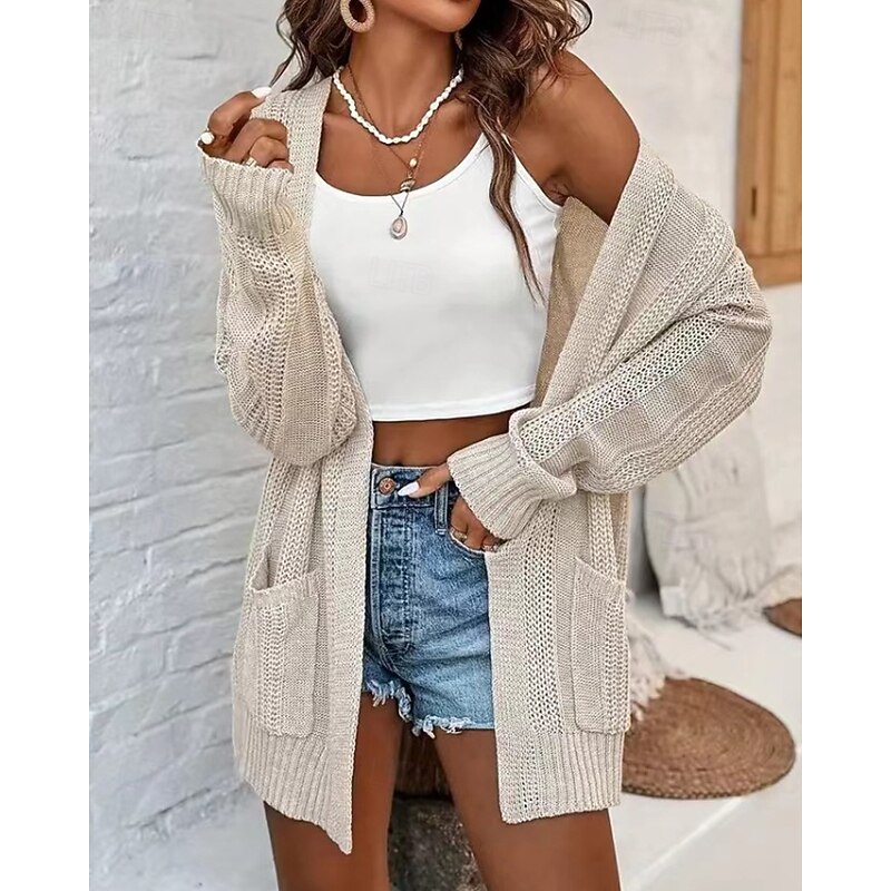 Women's Cardigan Casual Solid Color Ribbed V Neck Knitted Long Sleeve Regular Tops Knit Outdoor Daily Holiday Apricot Fall4