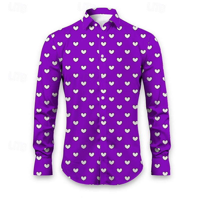 Valentine's Day Men's Heart Shirt Button Up Shirt Long Sleeve Casual Daily Wear Going out Fall & Winter Turndown Print Button-Down Black Burgundy Blue Purple Orange3