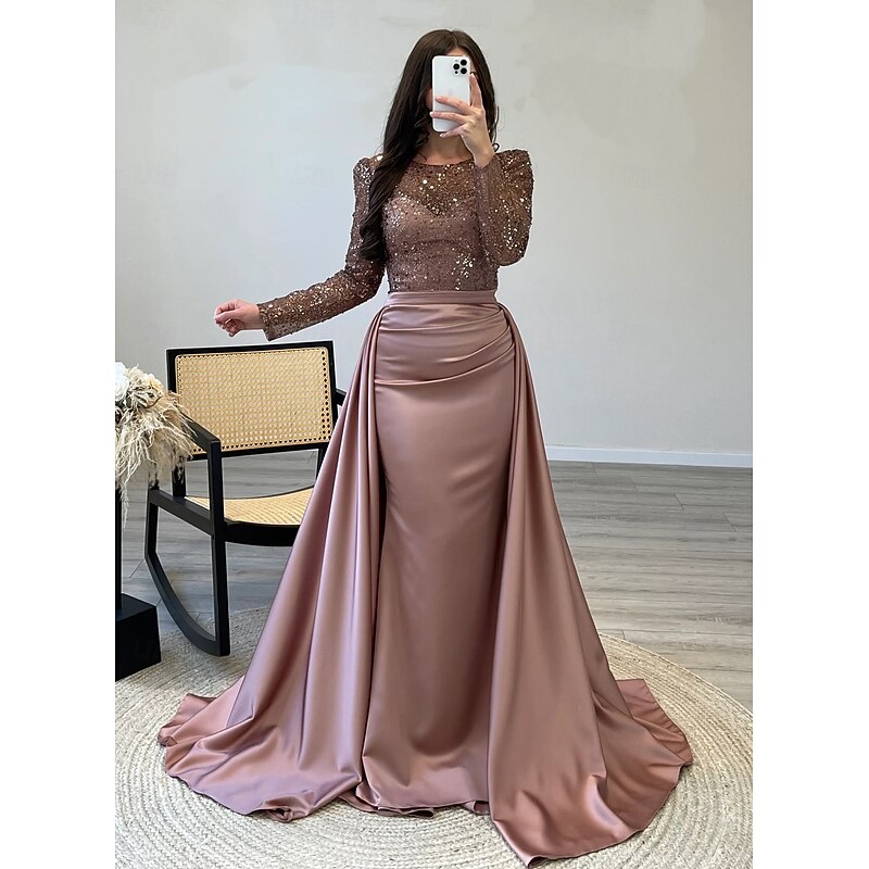 Mermaid / Trumpet Evening Gown Elegant Dress Carnival Formal Floor Length Long Sleeve Illusion Neck Detachable Satin with Pearls Overskirt2