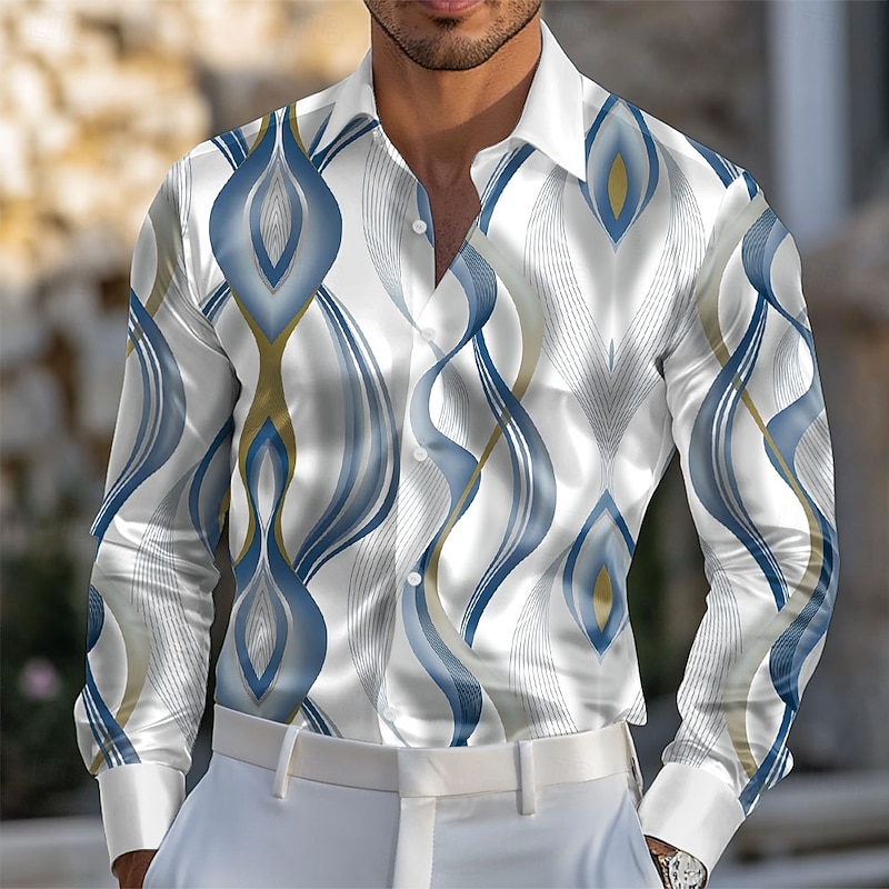 Men's Geometric Gradient Waves Satin Shirt Dress Shirt Button Up Shirt Long Sleeve Fashion Casual Vacation Holiday Summer Spring Fall Turndown Collared Shirts 3D Print Wine Blue Green Gray