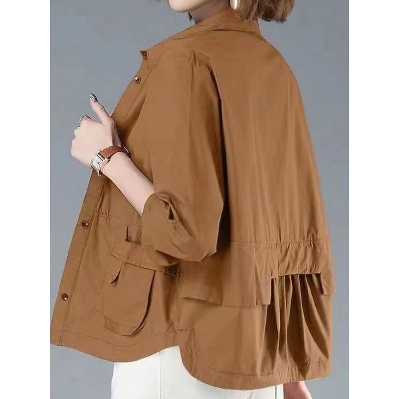 Women's Casual Jacket Comfortable Breathable Pocket Buttons Casual Plain Vacation Street Casual Daily Wear Single Breasted Short Turndown Regular Fit Long Sleeve Outerwear Black Orange Brown Summer2