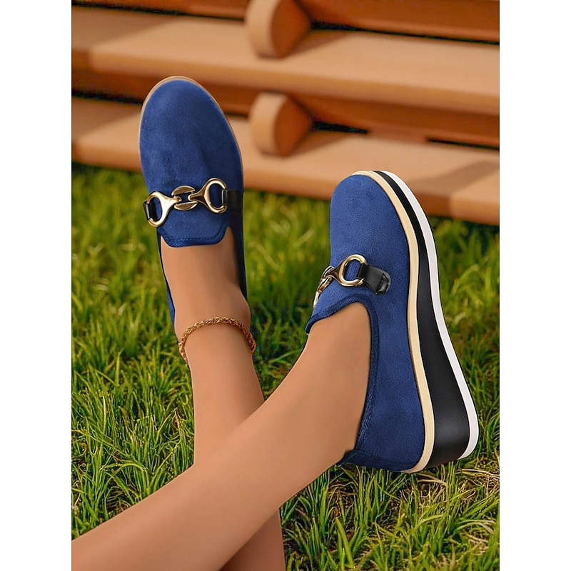 Women's Blue Platform Loafers with Metal Buckle – Stylish Slip-On Wedge Shoes for Casual Wear, Office and Travel3