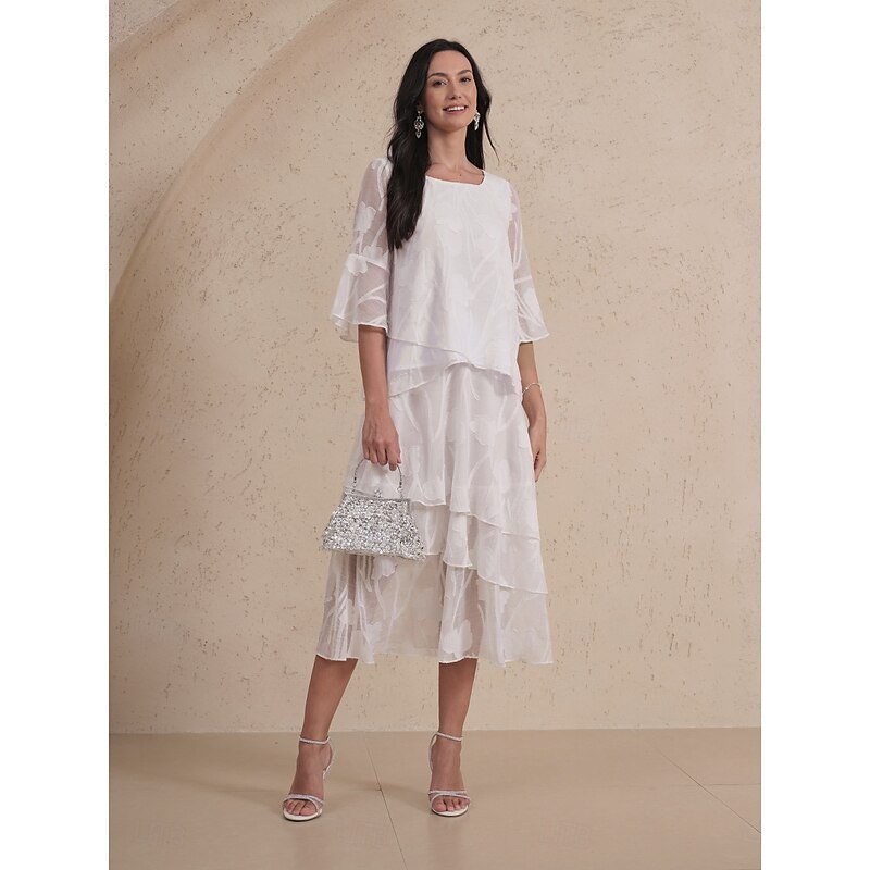 Women's Lace Shirt Blouse Dressy Tops Chiffon Tops Solid Color Floral Elegant Stylish Basic 3/4 Length Sleeve Bell Sleeve Boat Neck Regular Tops Wedding Guest Work Daily Cut Out Asymmetric Hem White3