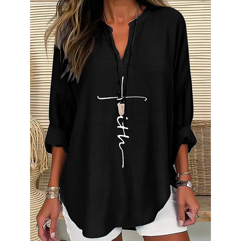 Women's Blouse Tunic V Neck Long Sleeve Boho Casual Tops Graphic Letter Elegant Vintage Tropical Regular Tops Daily Print Black Blue Purple Green Beige Fall4