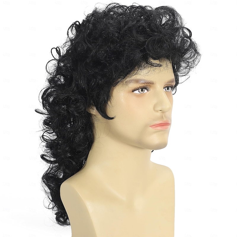 Curly Mullet Wigs for Men 80s Black Long Curly Wigs Hippie Rocking 80s Party Cosplay Costume Anime Heat Resistant Synthetic Hair Wig 70's Wig Halloween Wigs3