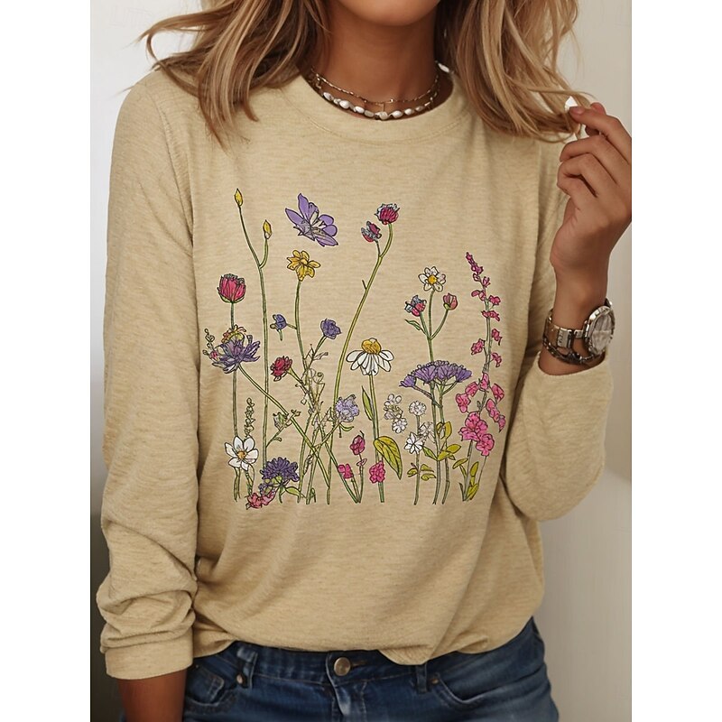 Women's T shirt Crew Neck Long Sleeve Tunic Floral Graphic Plants Vintage Stylish Classic  Round Neck Regular Tops Daily Print Black White Khaki Fall3