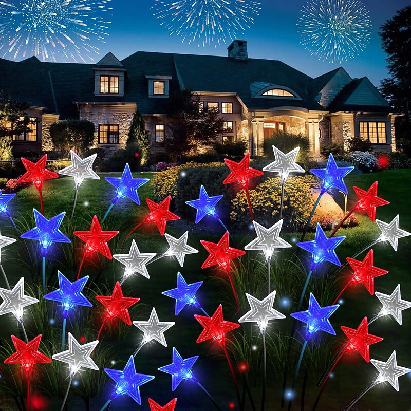 2Pcs 6 LED Patriotic Pathway Lights Outdoor Waterproof Solar Energy July 4th Independence Day Red, White, Blue Pentagram Ground Plug in Light Courtyard Garden Lawn Path Patriotic Atmosphere2