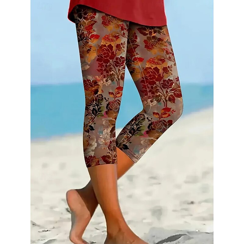 Women's Capri Pants Leggings Vacation Vintage Ethnic Style Calf-Length High Waist Floral Graphic Leaf Soft Comfortable Breathable Stretchy Vacation Causal Casual Maroon Azure Orange red Summer Spring
