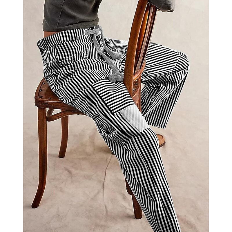 Women's Slacks Straight Fashion Streetwear Full Length Natural Striped Pocket Elastic Drawstring Design Comfy Outdoor Street Daily Wear Magenta Grey Black Yellow Summer Regular Fit2
