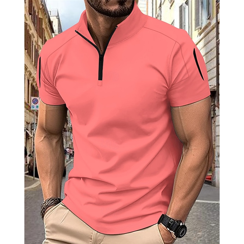 Men's Quarter Zip Polo Golf Shirt Work Casual Quarter Zip Short Sleeve Basic Modern Plain Zipper Summer Regular Fit Black White Pink Navy Blue Sky Blue Khaki Quarter Zip Polo